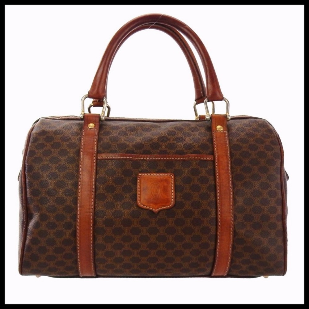 🆕 {Céline} Vintage Macadam Canvas Genuine Leather Boston Tote Bag